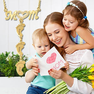 Gifts for mom diamond heart mom necklace with baby feet
