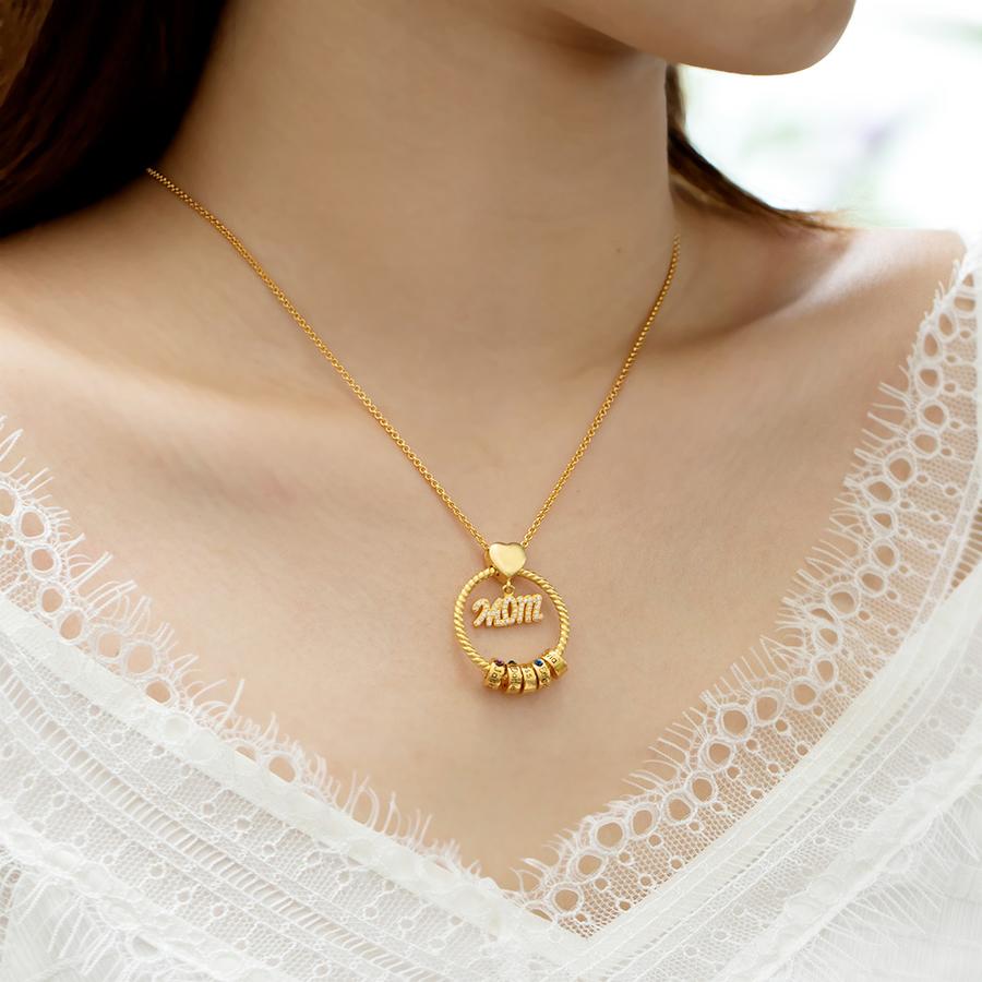 Personalized circle mom necklace with engraved names and birthstones